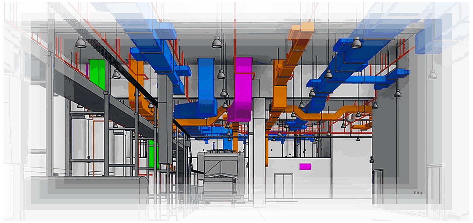 Vista interior de un modelo BIM con conductos de climatización, bandejas portacables y cañerías representados en distintos colores por disciplina