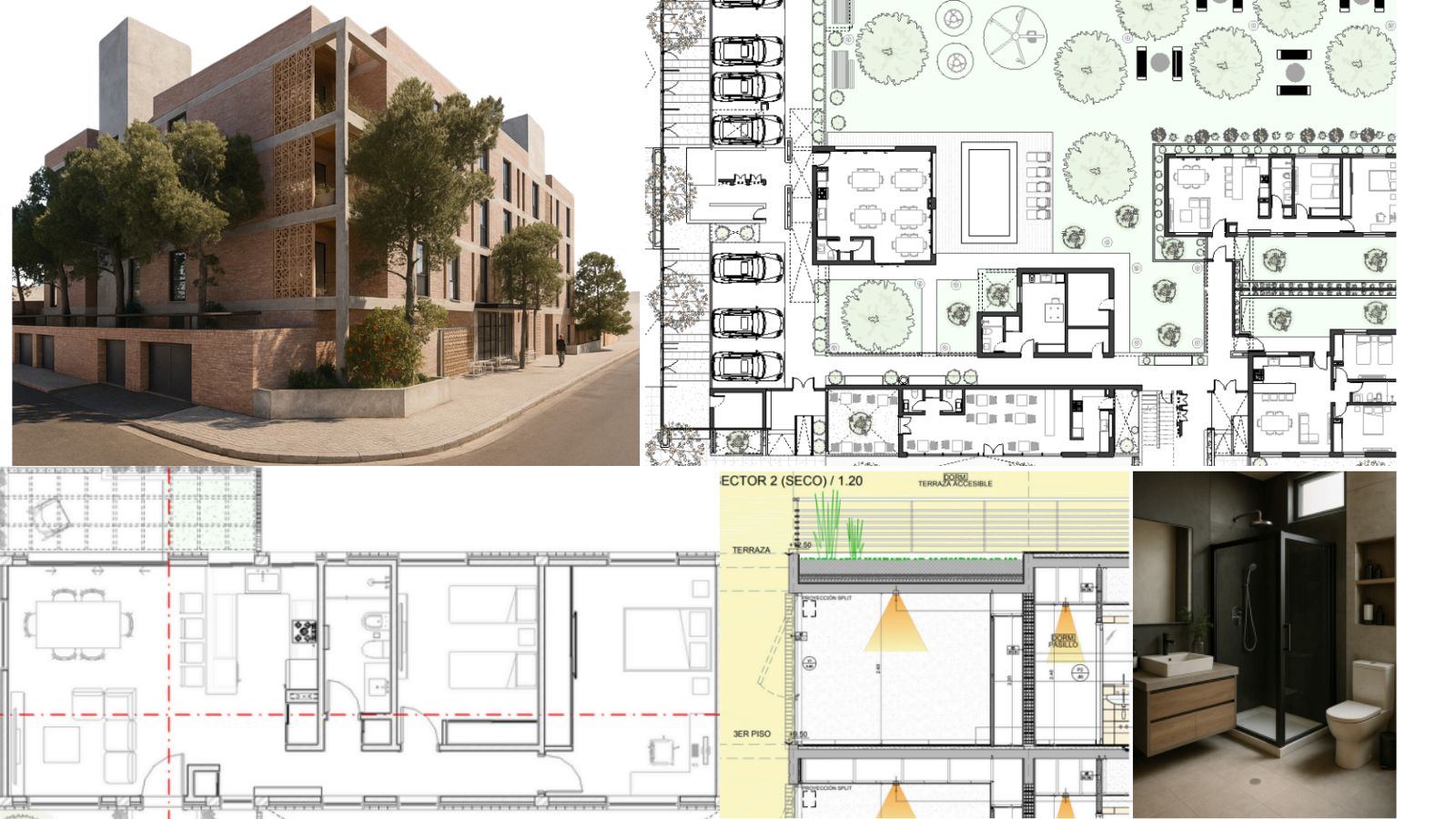 Render de edificio residencial junto a plantas, planta de unidad y corte técnico de documentación ejecutiva
